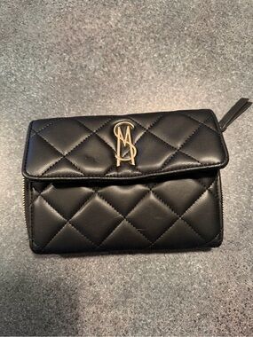 Quilted Black Leather Wallet with Gold Monogram Accent